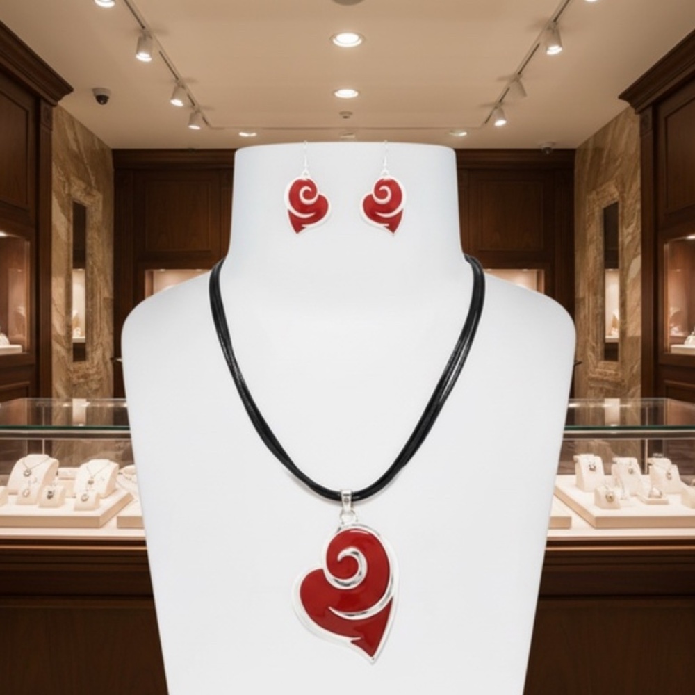 Womens Red Sliver Heart Pendant Necklace‎ Earring Set - Picture 2 of 5